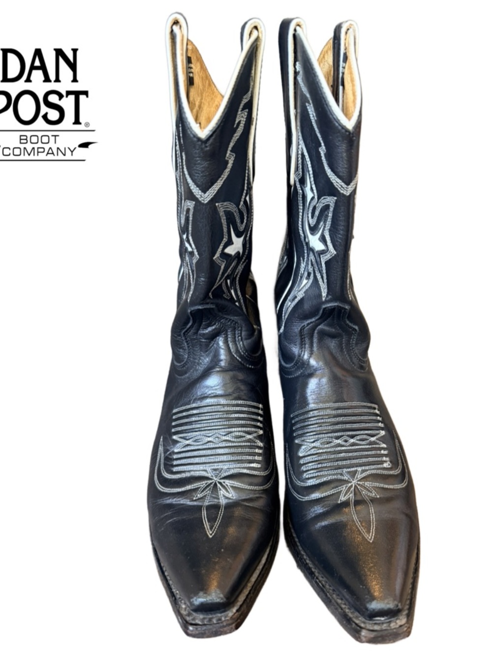 Dan Post Black Leather Western Boots with White Stitching - Picture 2 of 11
